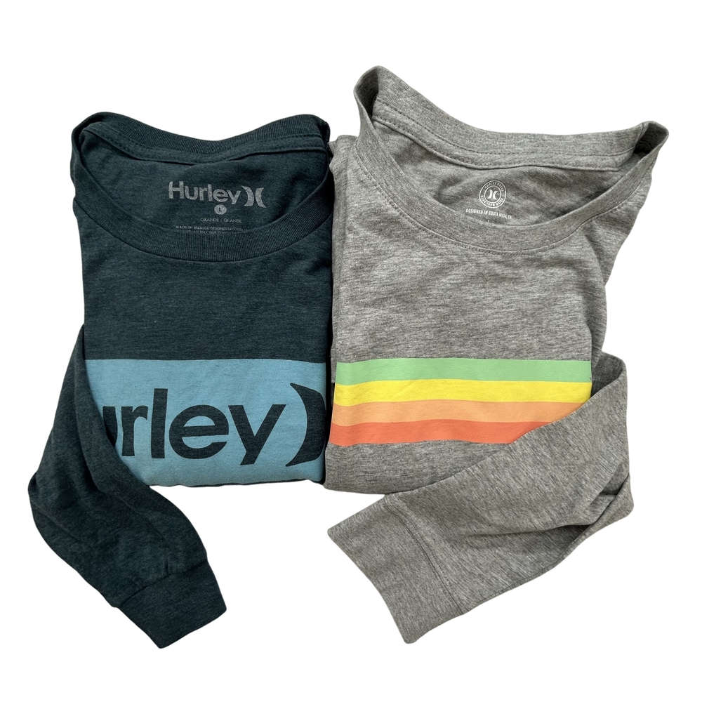 Hurley Shirt Mens Large Lot of 2 Long Sleeve Graphic Gray Blue Logo Crewneck